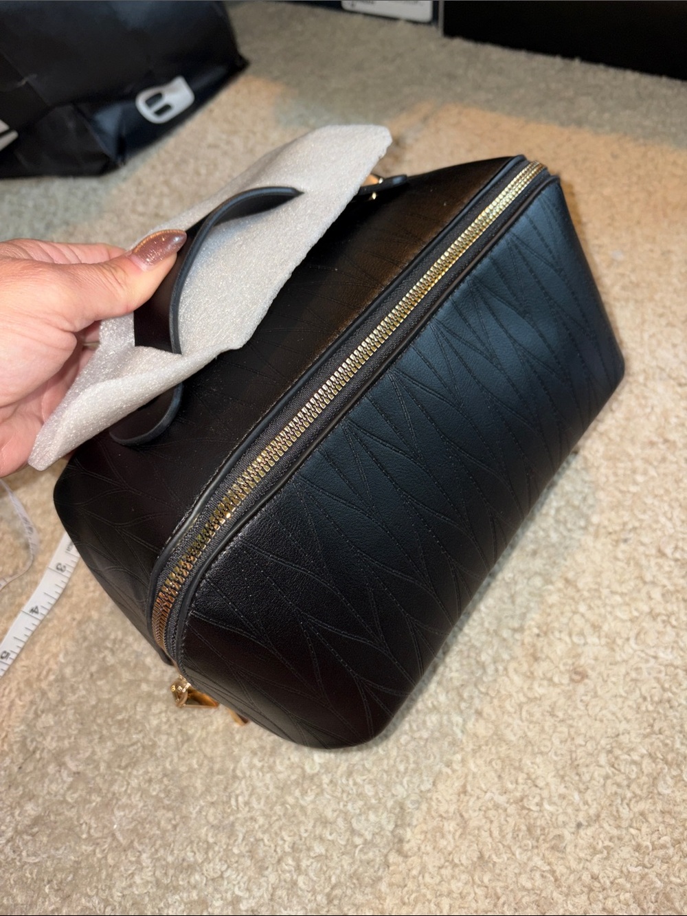 Black Quilted Cosmetic Case with Gold Hardware